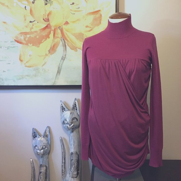 Flamenco Pink Wool Mock Neck Ruched + Drape Wrap Sweater - XS - Picture 2 of 16